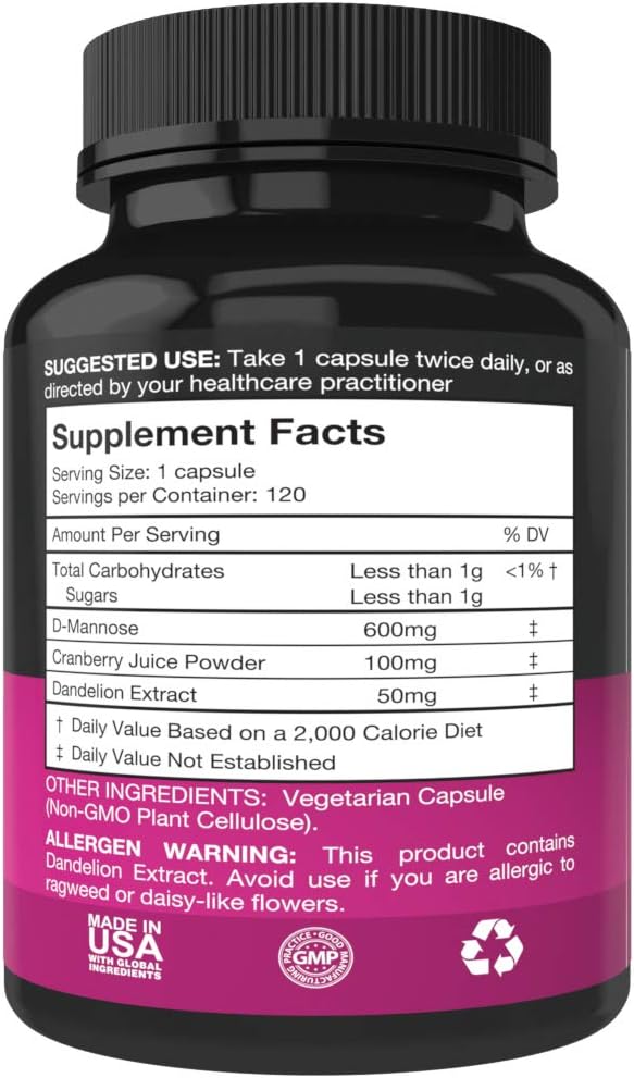 D Mannose Capsules with 600mg D-Mannose Powder Per Cap - with Added Cranberry and Dandelion Extract to Aid in Bladder, Urinary Tract and UTI Support - 120 Veggie Caps 3