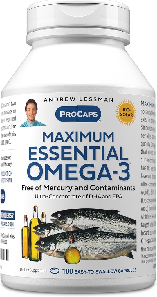 ANDREW LESSMAN Maximum Essential Omega-3 Unflavored, 180 Softgels - Ultra-Pure Omega-3 Fish Oil 1200 mg-High DHA, No Mercury Supplement-Small, Easy to Swallow Fish Oil Capsules 2