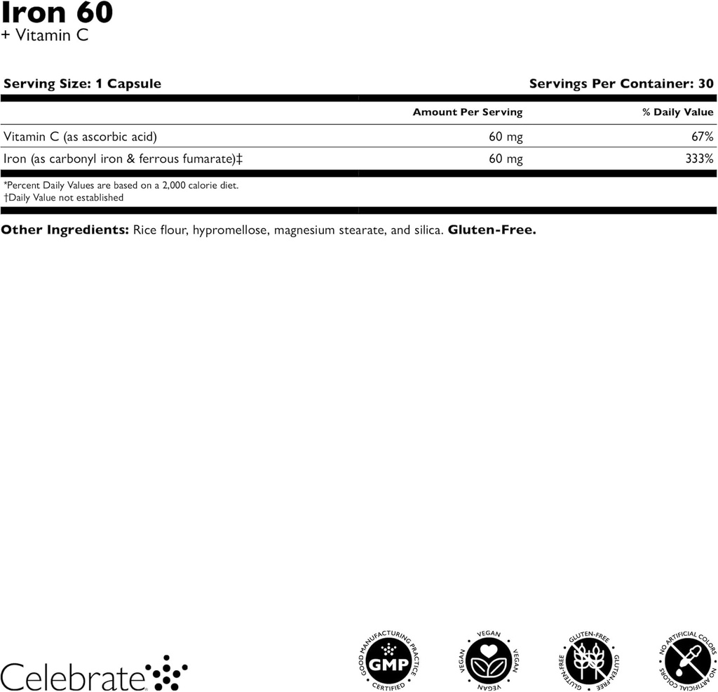 Celebrate Vitamins Iron Supplement with Vitamin C - 60mg Iron, 60mg Vitamin C, Bariatric Vitamins for WLS Patients, Vertical Sleeve & Gastric Bypass Surgery (90 Capsules) 4