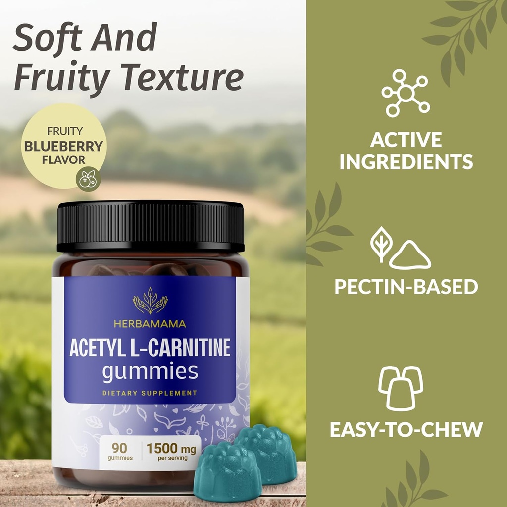 HERBAMAMA ALCAR Acetyl L-Carnitine 1500mg Gummies - L Carnitine Supplement for Energy, Focus & Brain Support - Vegan, Non-GMO - 90 Pectin-Based Blueberry-Flavored Chews 5