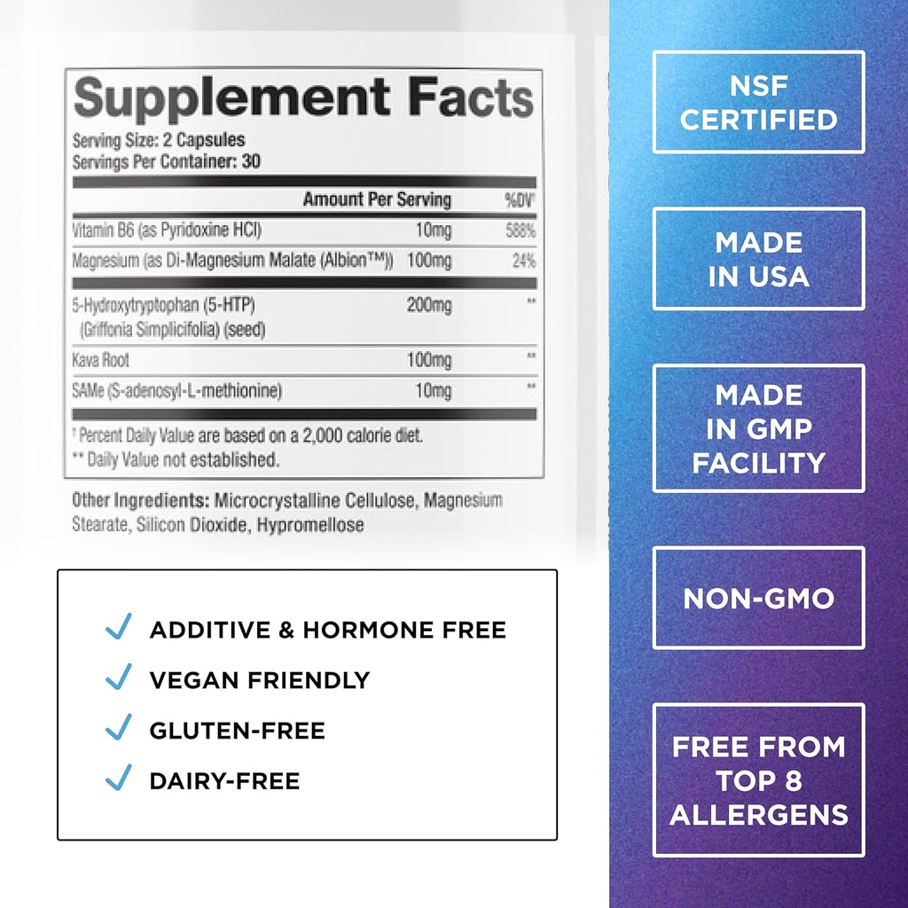 200 MG 5-HTP Elite with Kava Root Extract, Magnesium & SAM-e to Maintain Normal Healthy Sleep & Create a Sense of Wellbeing - 5HTP Supplement with Vitamin B6 - 60 Capsules, 30 Servings 3