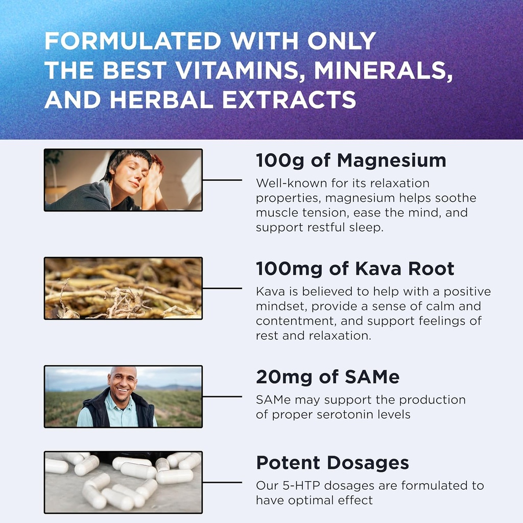 200 MG 5-HTP Elite with Kava Root Extract, Magnesium & SAM-e to Maintain Normal Healthy Sleep & Create a Sense of Wellbeing - 5HTP Supplement with Vitamin B6 - 60 Capsules, 30 Servings 6