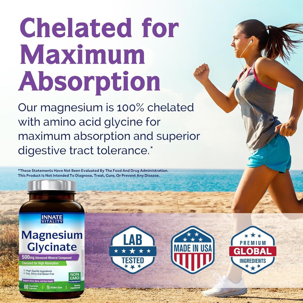 Innate Vitality Magnesium Glycinate 500mg | 70mg Elemental Magnesium Supplement- High Absorption, Non Buffered, Non-GMO & No Gluten - Nerve, Bone & Heart Health - 60 Vegan Capsules Magnesio 6