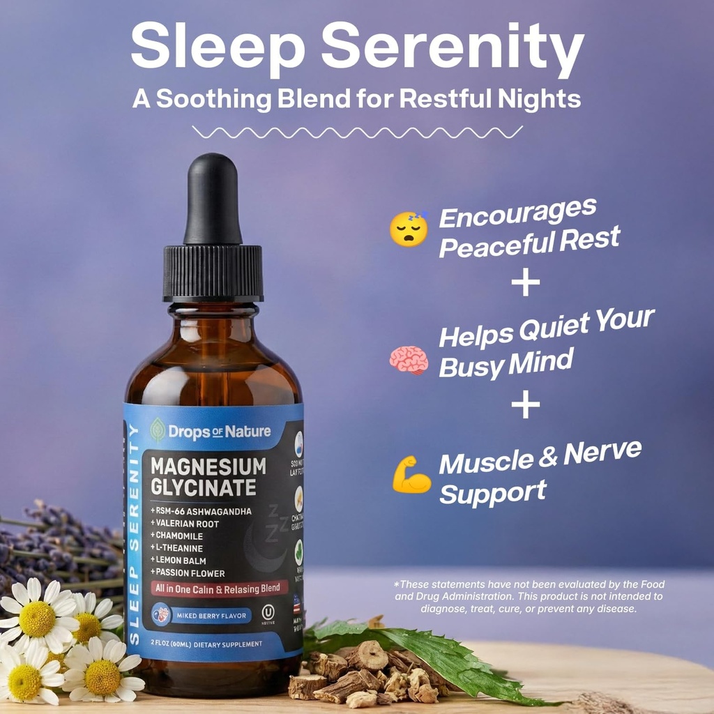 Magnesium Glycinate & Ashwagandha Liquid Drops with Valerian Root, Chamomile, Passion Flower, Lemon Balm & L-Theanine - Vegan Fast Absorption - Supplement for Wellness & Relaxation (Mixed Berry, 60mL) 3