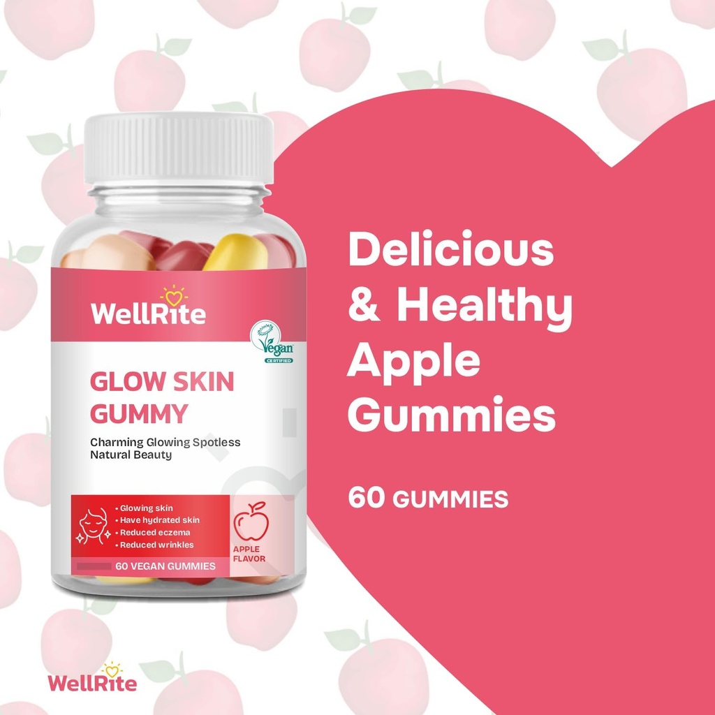 Glow Skin Gummy Vitamins, 60 Count, Apple Flavored, Vegan, Gelatin Free, Gluten Free, Nut Free, Glowing & Hydrated Skin, Reduced Eczema, Reduced Wrinkles 3