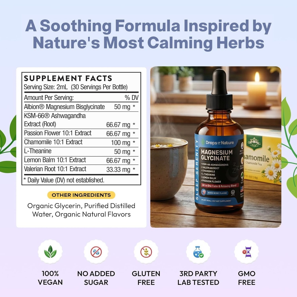 Magnesium Glycinate & Ashwagandha Liquid Drops with Valerian Root, Chamomile, Passion Flower, Lemon Balm & L-Theanine - Vegan Fast Absorption - Supplement for Wellness & Relaxation (Mixed Berry, 60mL) 4