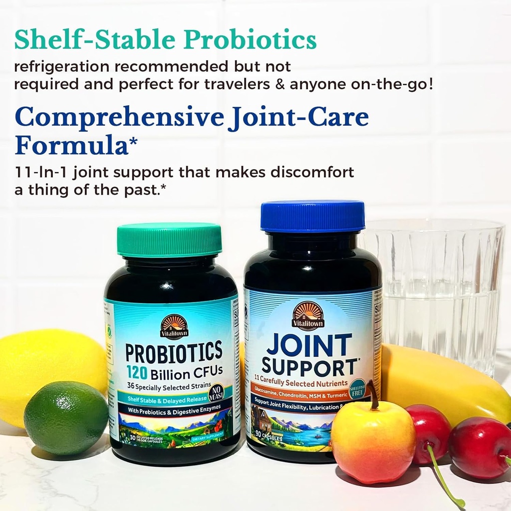 Vitalitown Probiotic + Glucosamine Chondroitin MSM Bundle (Pack of 2) | Probiotics 120 Billion CFUs (Item 1) & Joint Support* (Item 2) | 30 Probiotic Capsules & 90 Joint Capsules 5