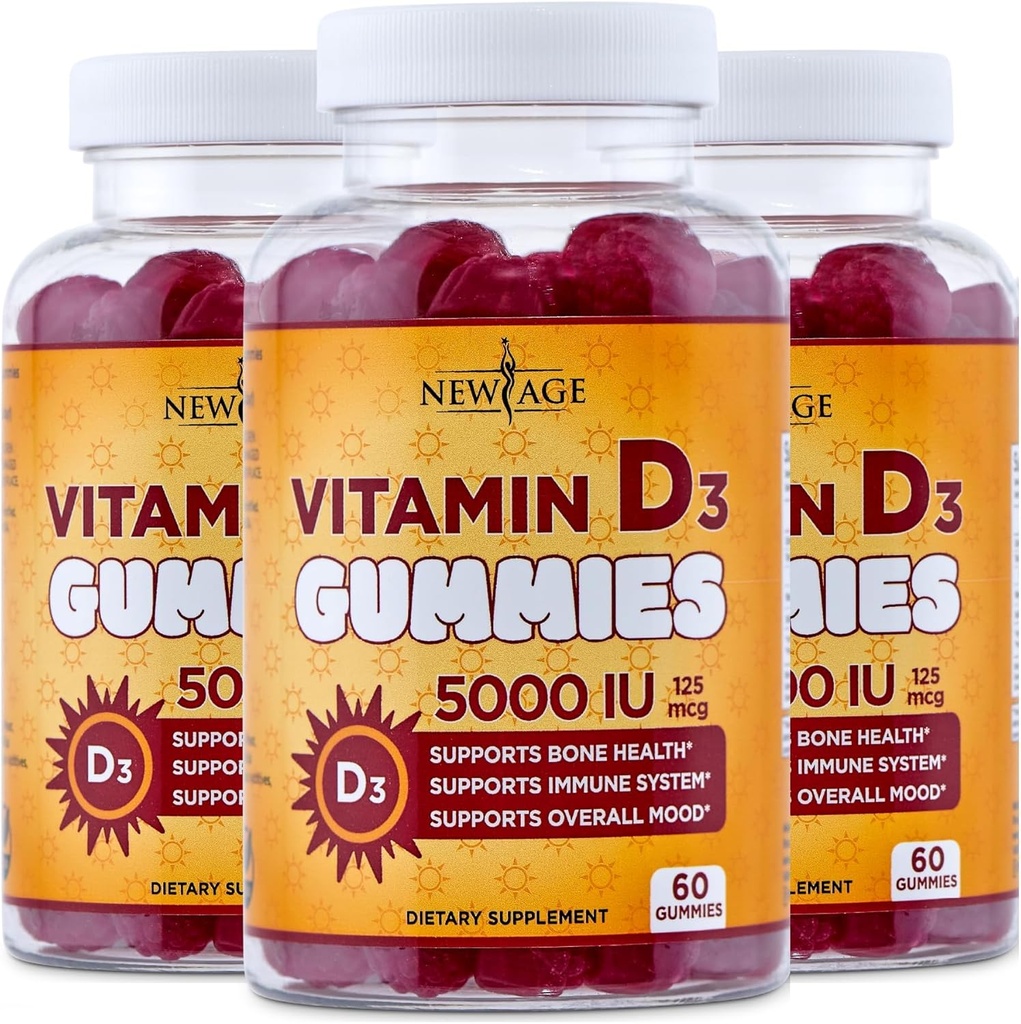 NEW AGE Vitamin D3 5000 IU 125mcg Gummies - Support Immune Support, Strong Bone Health - Non-GMO, Gluten-Free, Dairy-Free, No Gelatin (180 Gummies (Pack of 3)) 2