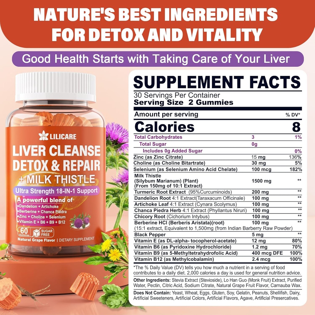 Milk Thistle Liver Detox Gummies, 18-IN-1 Liver Cleanse Detox & Repair Supplement with Berberine, Chicory Root, Turmeric, Artichoke, Dandelion Root, Chanca Piedra, Vitamins B6 B12-Sugar Free,Pack of 2 3