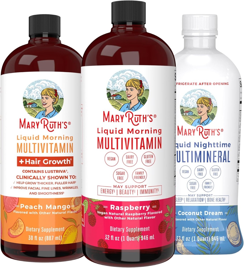 MaryRuth's Liquid Morning Multivitamins: +Hair Growth (Peach Mango), Daily Wellness (Raspberry), and Nighttime Multimineral (Coconut) | Vegan Vitamins for Beauty, Energy, & Bedtime | Non-GMO 2