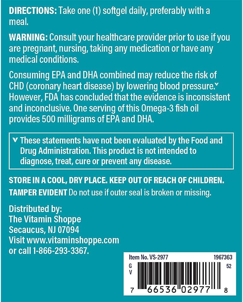 The Vitamin Shoppe Omega 3 Fish Oil, EPA & DHA 500mg, Purity Assured, Molecularly Distilled to Support Cardiovascular, Joint and Brain Health 1000mg (240 Softgels) 4