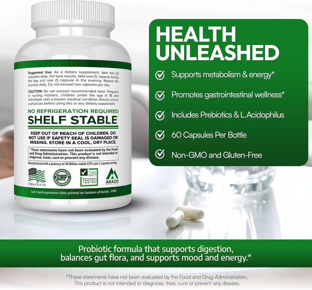 Arazo Nutrition Probiotic 40 Billion CFU - Shelf Stable with Prebiotics and Acidophilus - Stable Potency Until Expiration – Time Delay Release Probiotics 5