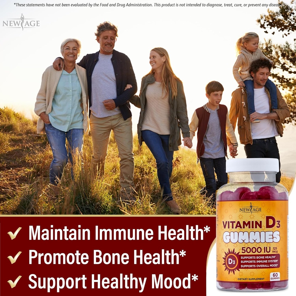NEW AGE Vitamin D3 5000 IU 125mcg Gummies - Support Immune Support, Strong Bone Health - Non-GMO, Gluten-Free, Dairy-Free, No Gelatin (180 Gummies (Pack of 3)) 5