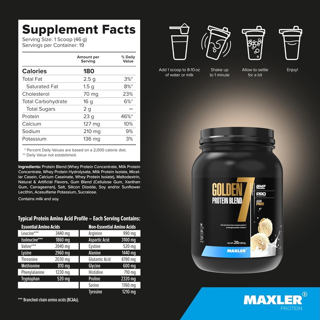 Maxler Golden 7 Protein Blend - Protein Powder for Muscle Gain & Recovery - Vanilla Protein Powder 2 lb 6
