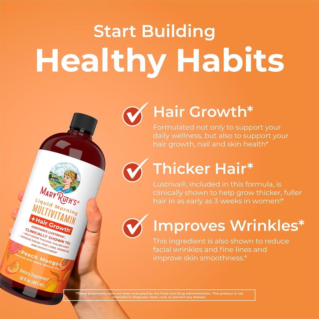 MaryRuth's Liquid Morning Multivitamins: +Hair Growth (Peach Mango), Daily Wellness (Raspberry), and Nighttime Multimineral (Coconut) | Vegan Vitamins for Beauty, Energy, & Bedtime | Non-GMO 6