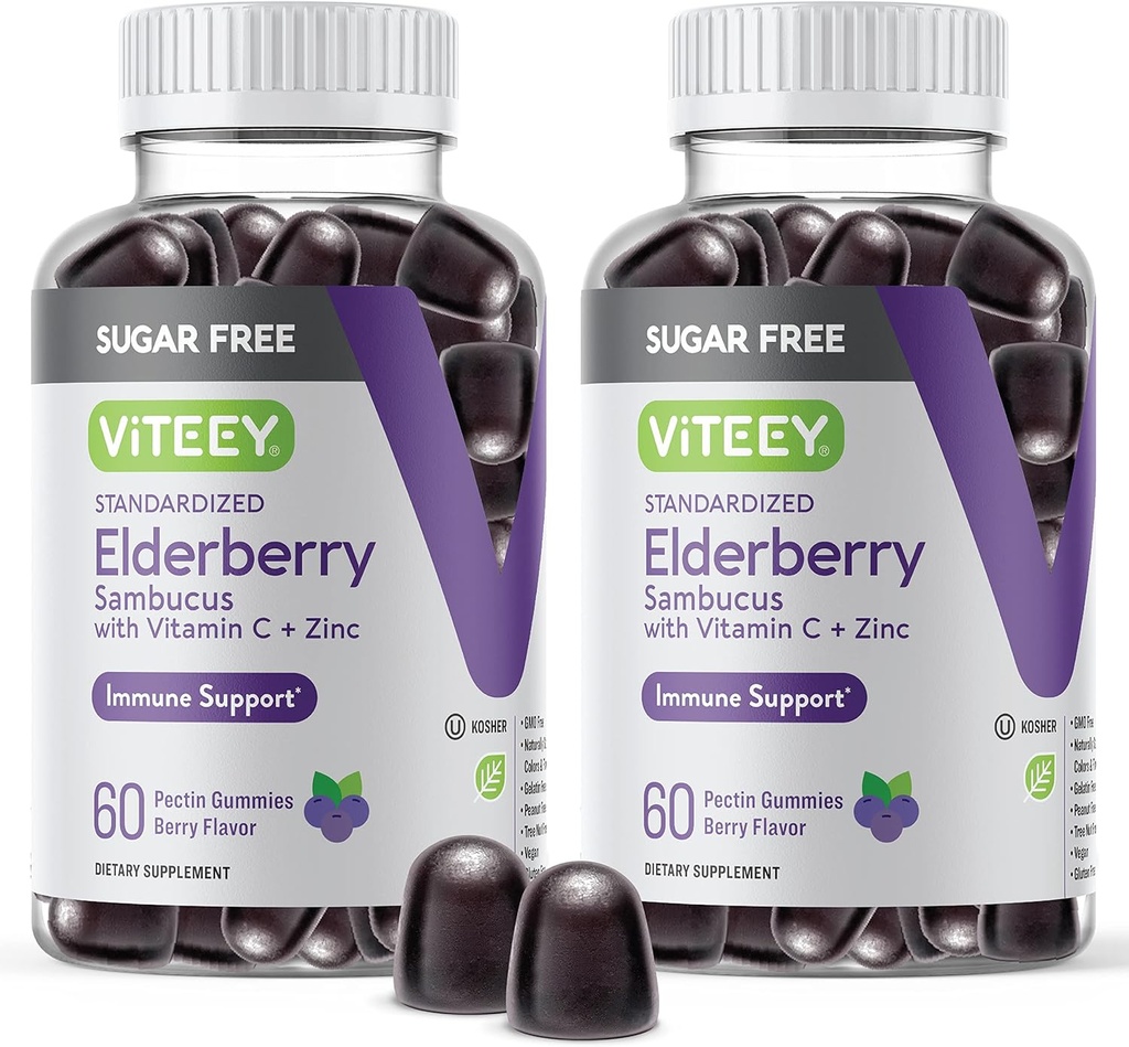 VITEEY Sambucus Elderberry Gummies for Adults & Teens + Zinc & Vitamin C - Sugar Free - Immune Support & Booster Herbal Supplement - Vegan, Gluten Free, Gelatin Free, GMO Free, Chewable Berry Flavored 2