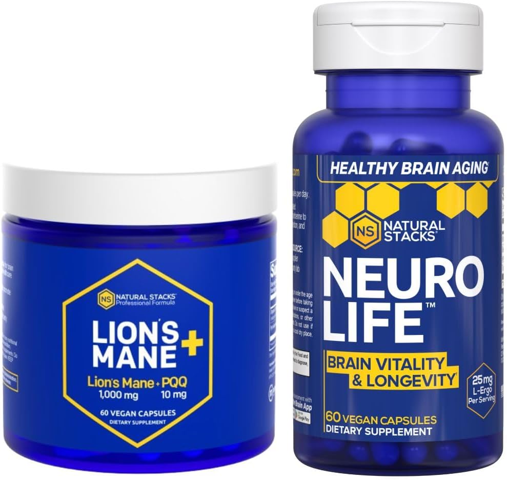 NATURAL STACKS Lions Mane+ Mushroom + NeuroLife Supplement Bundle - Supports Memory, Vitality & Longevity - 120 Total Capsules 2