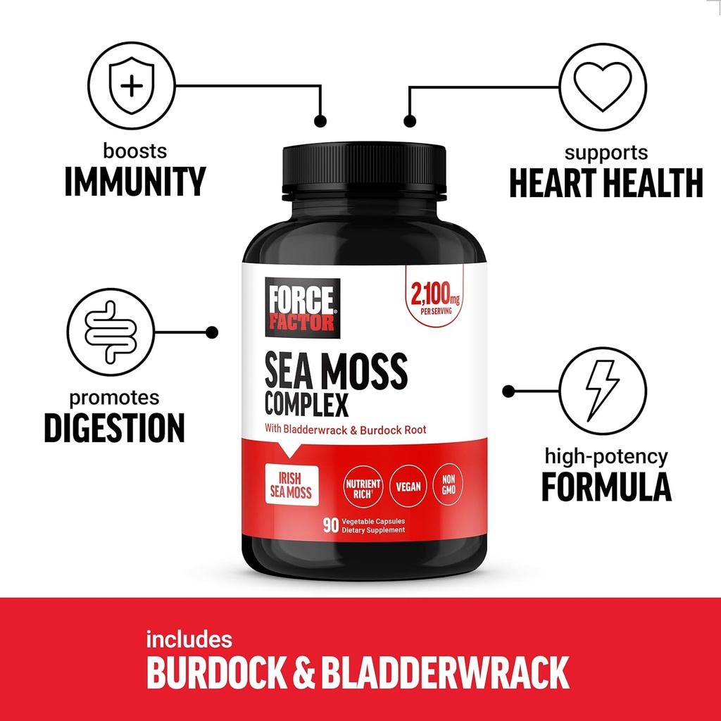 FORCE FACTOR Irish Sea Moss Capsules with Burdock and Bladderwrack for Immunity, Digestion, Heart Health, and Antioxidant Support, Vegan, No Gelatin, 90 Capsules 3