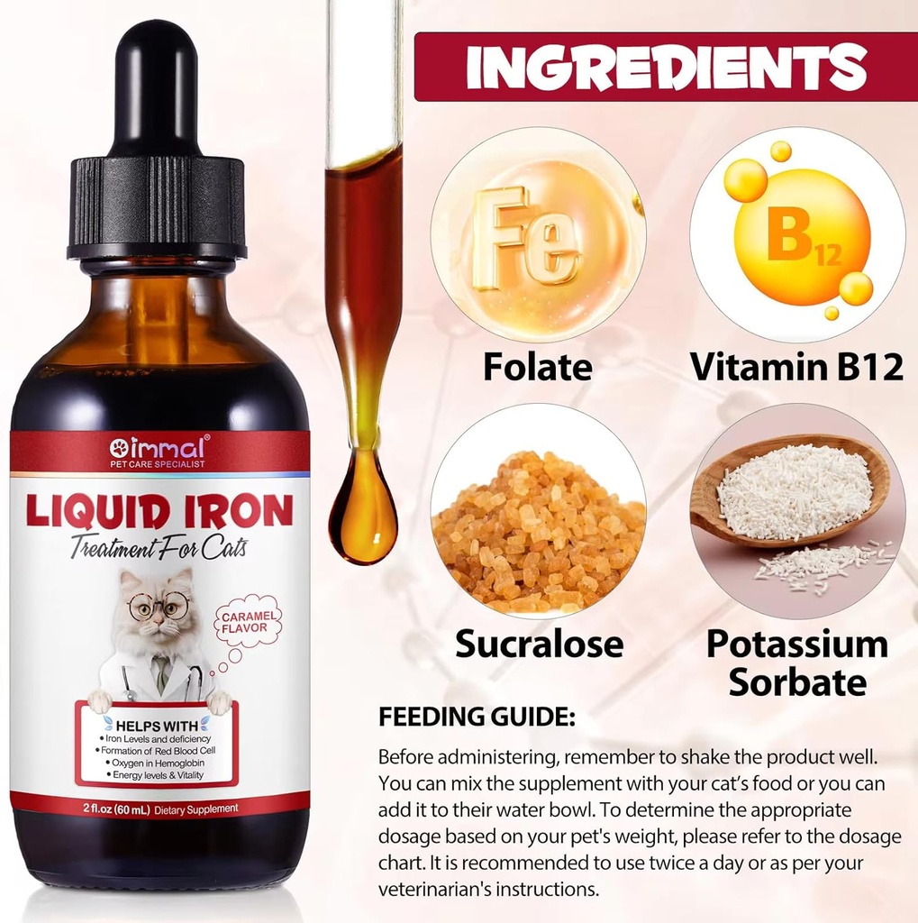 Liquid Iron Supplements for Cats and Kittens - with Folate and B12 – Supplements Anemia, Promotes Blood Health, Oxygen Supply and Blood Cell Formation – Increase Low Energy Levels – Lethargy - 2 oz 4