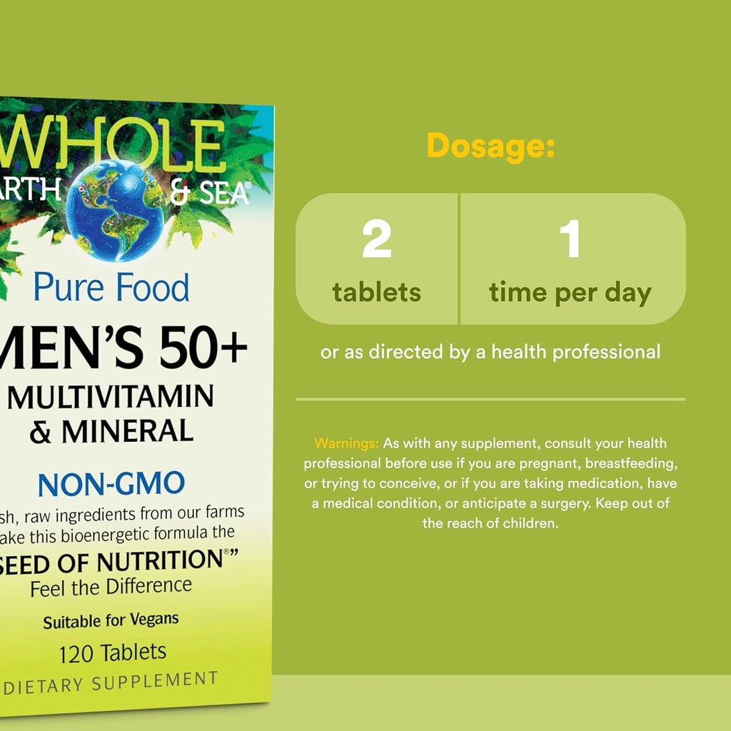 Natural Factors Whole Earth & Sea Men's 50+ Multivitamin & Mineral - Daily Nutritional Support Multivitamin - Supports Brain Health & Immune System Function - Vegan - 120 Tablets (60 Servings) 4