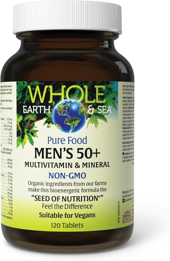 Natural Factors Whole Earth & Sea Men's 50+ Multivitamin & Mineral - Daily Nutritional Support Multivitamin - Supports Brain Health & Immune System Function - Vegan - 120 Tablets (60 Servings) 5