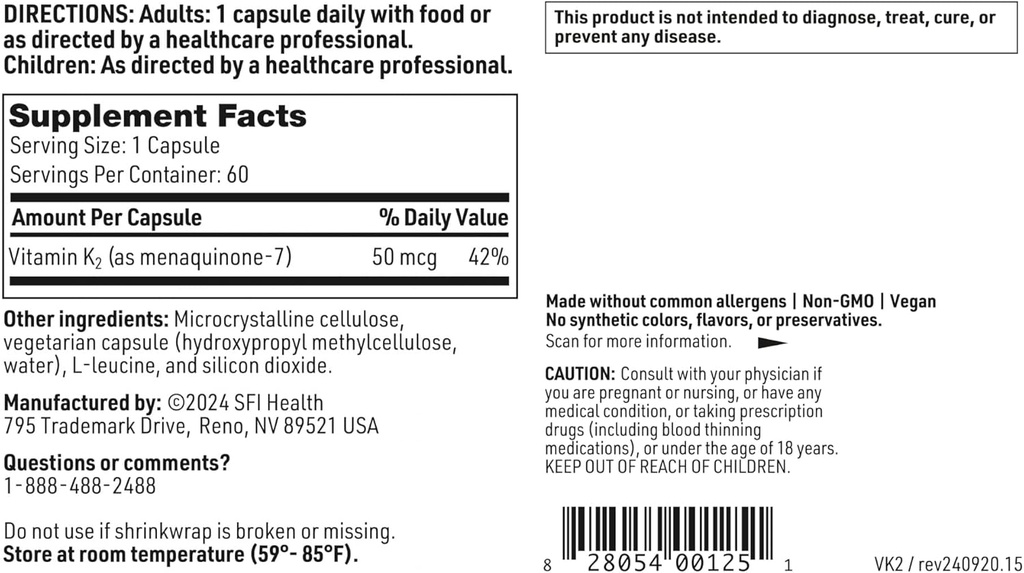 Klaire Labs SFI Health Vitamin K2-50 Micrograms as Menaquinone-7 MK-7, No Soy, Gluten or Dairy (60 Capsules) 6
