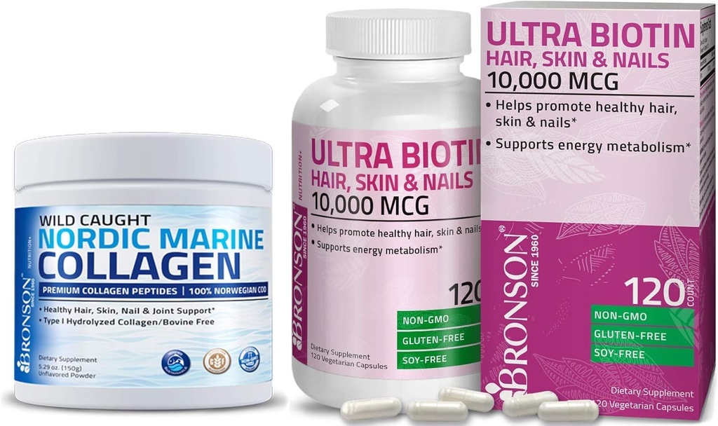 Bronson Marine Collagen Peptides Hydrolyzed Protein Powder + Ultra Biotin 10,000 Mcg Hair Skin and Nails Supplement 2