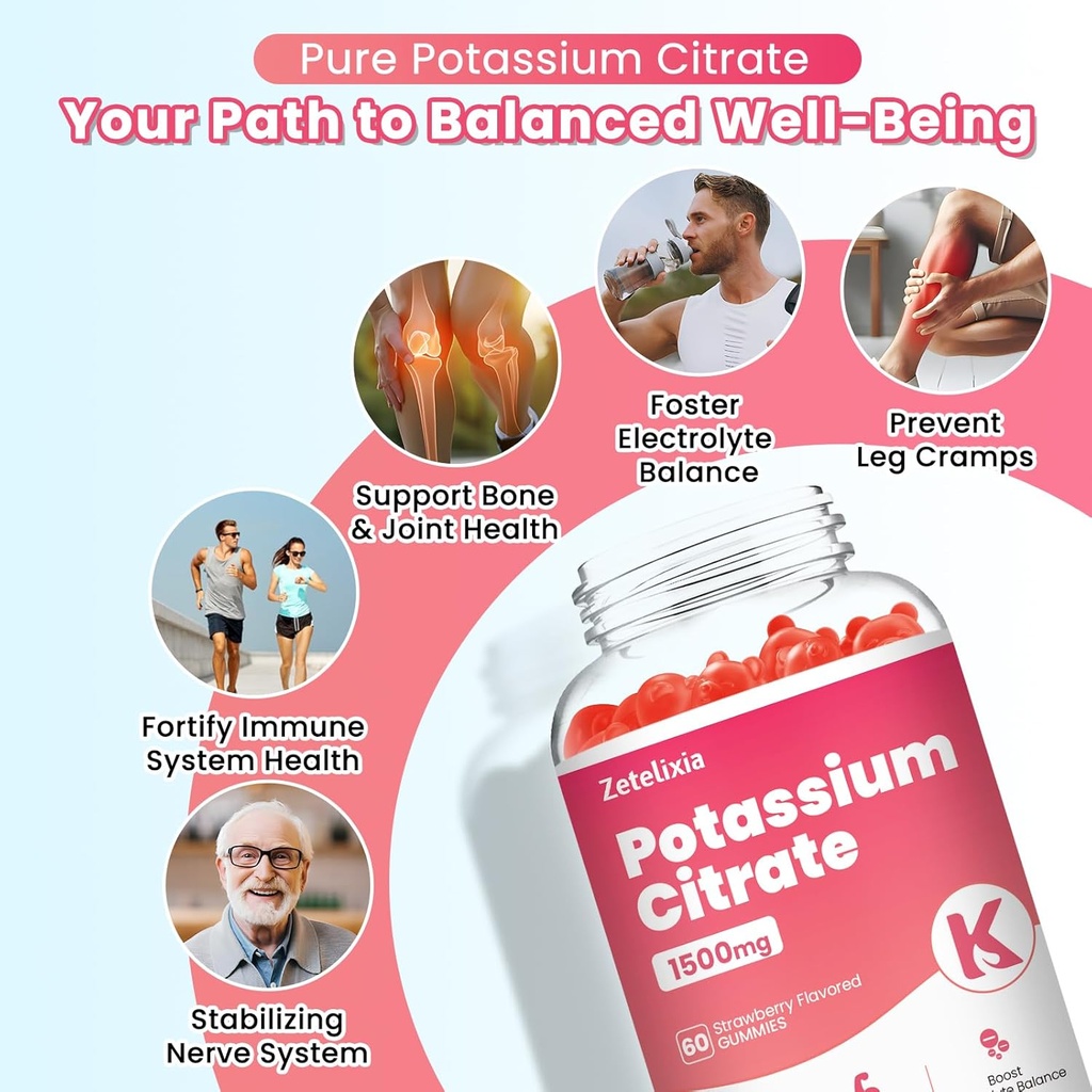 Potassium Gummies for Adults Women & Men, Potassium Citrate Supplement, Support Leg Cramps, Muscle Health & Electrolyte Balance, Sugar Free, Organic, Vegan, Strawberry, 60 Cts 5