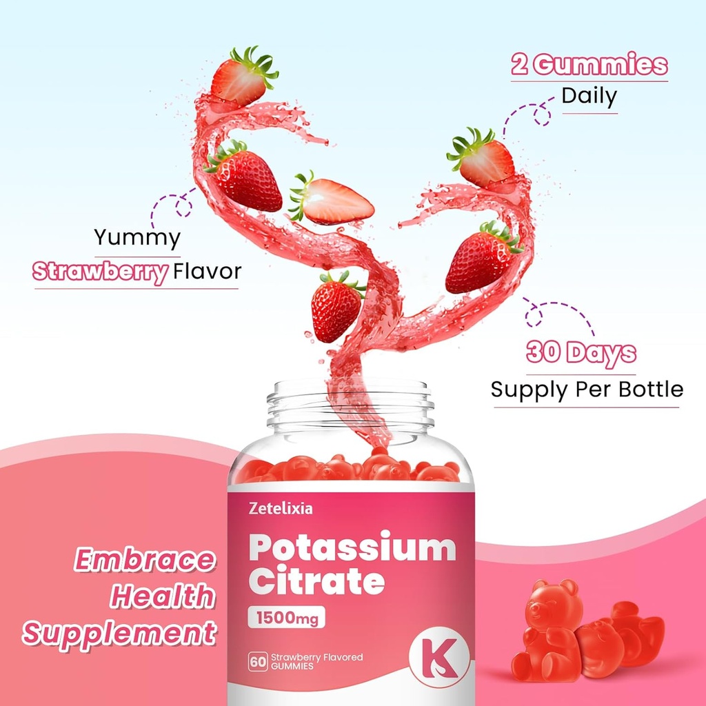 Potassium Gummies for Adults Women & Men, Potassium Citrate Supplement, Support Leg Cramps, Muscle Health & Electrolyte Balance, Sugar Free, Organic, Vegan, Strawberry, 60 Cts 6