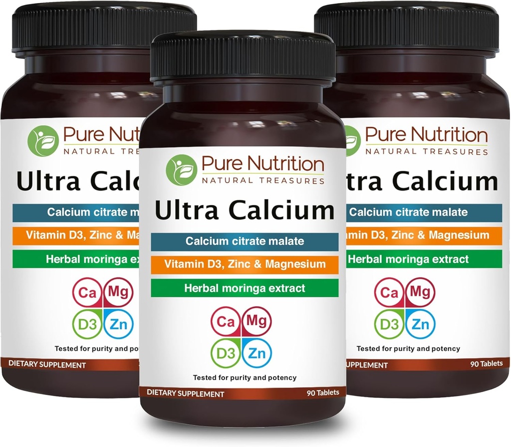 Pure Nutrition Ultra Calcium 1000mg with VIT D3 + K2 | 270 Tabs (90 X Pack of 3) | Highly absorbable Calcium Supplement with Calcium Citrate Malate, VIT D3, K2, Moringa Oleifera, Magnesium and Zinc. 2