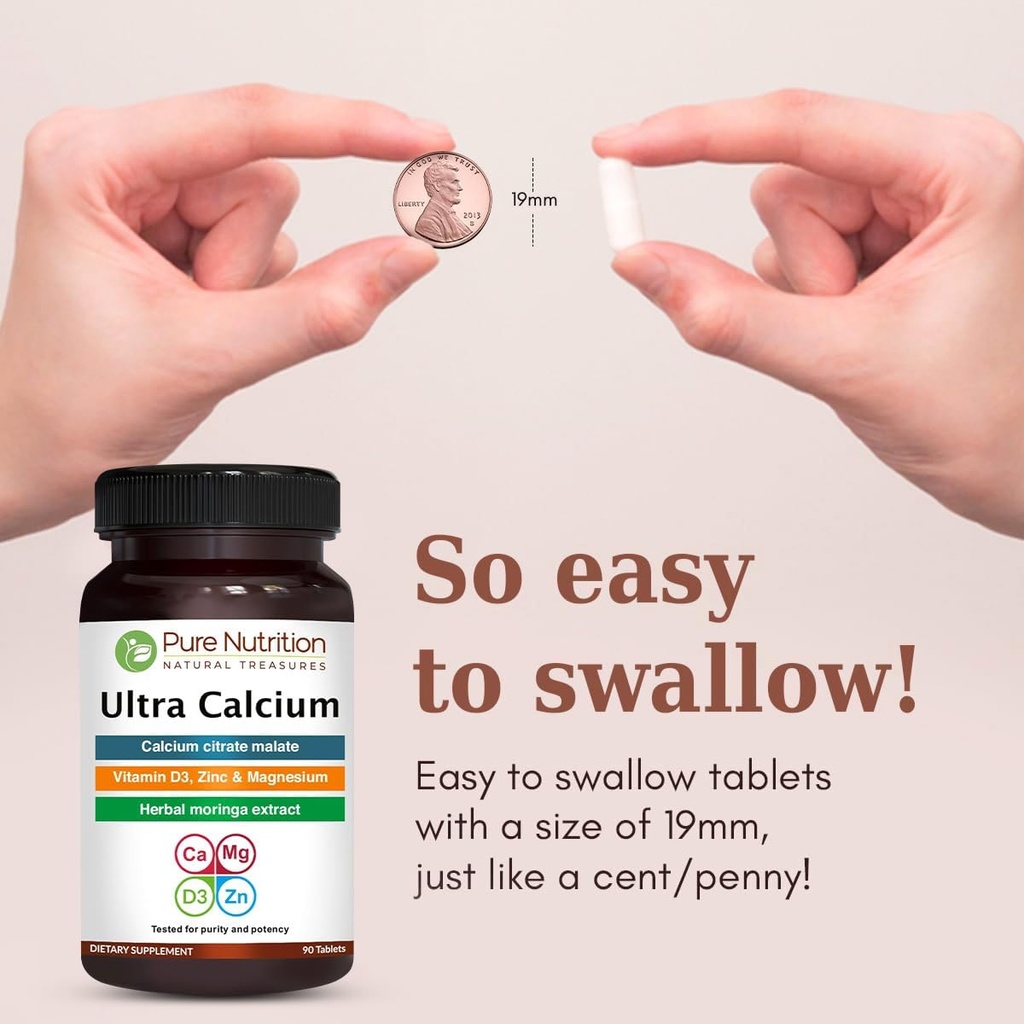 Pure Nutrition Ultra Calcium 1000mg with VIT D3 + K2 | 270 Tabs (90 X Pack of 3) | Highly absorbable Calcium Supplement with Calcium Citrate Malate, VIT D3, K2, Moringa Oleifera, Magnesium and Zinc. 3