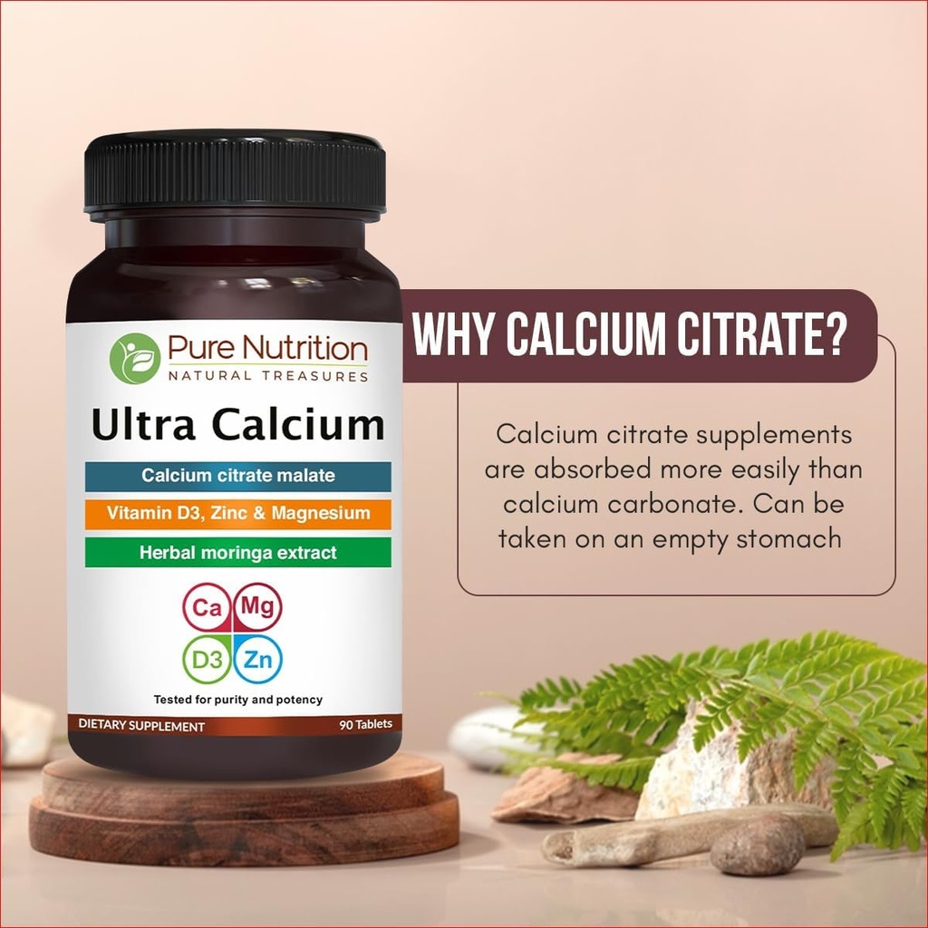 Pure Nutrition Ultra Calcium 1000mg with VIT D3 + K2 | 270 Tabs (90 X Pack of 3) | Highly absorbable Calcium Supplement with Calcium Citrate Malate, VIT D3, K2, Moringa Oleifera, Magnesium and Zinc. 4