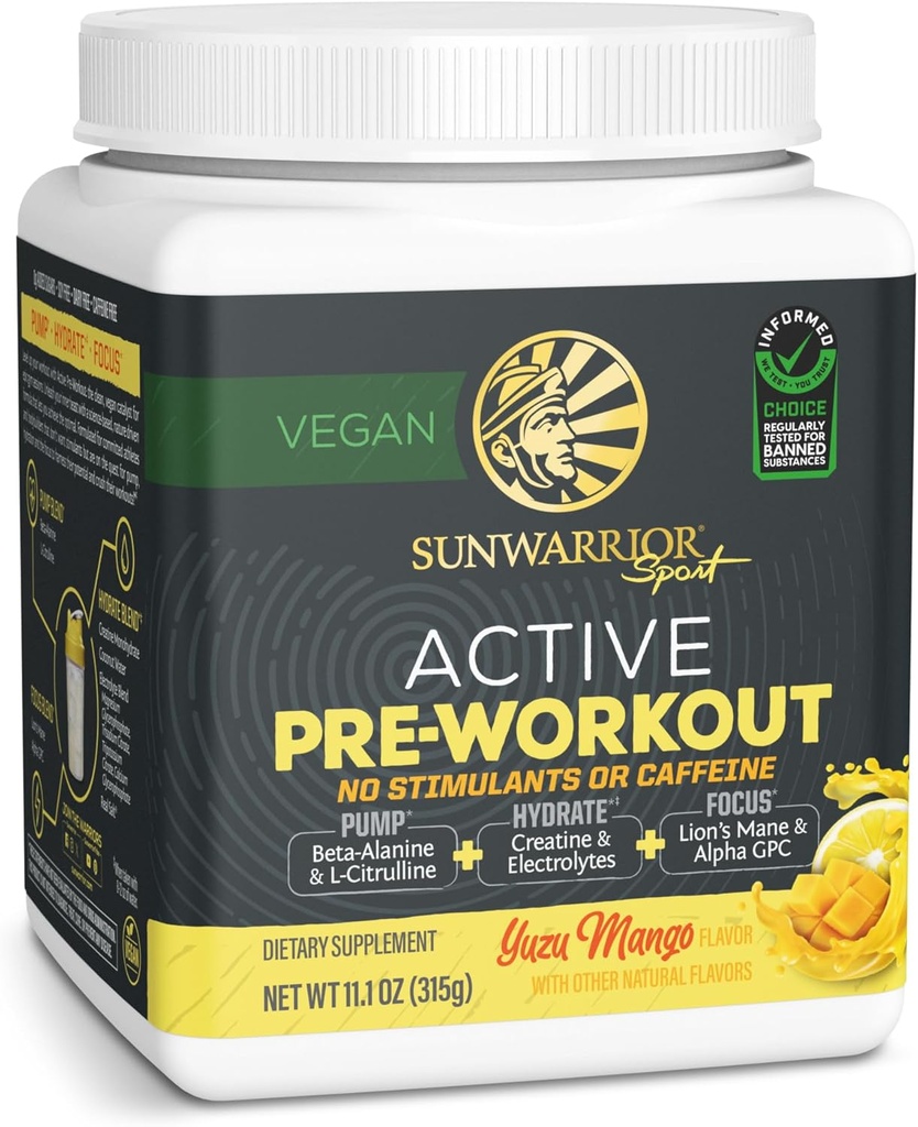 Pre Workout Powder Energy Drink Non-Stim & Caffeine Free | Vegan Plant-Based Supplement | Pump Hydrate Focus Endurance & Strength Builder | Yuzu Mango Flavored 30 Serving Active Preworkout 2
