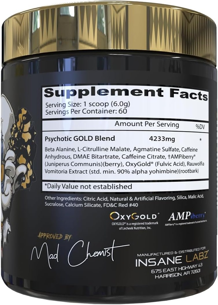 Insane Labz Psychotic Gold, High Stimulant Pre Workout Powder, Extreme Lasting Energy, Pumps and Endurance with Beta Alanine, DMAE Bitartrate, NO Booster (60 Servings, Fruit Punch) 3