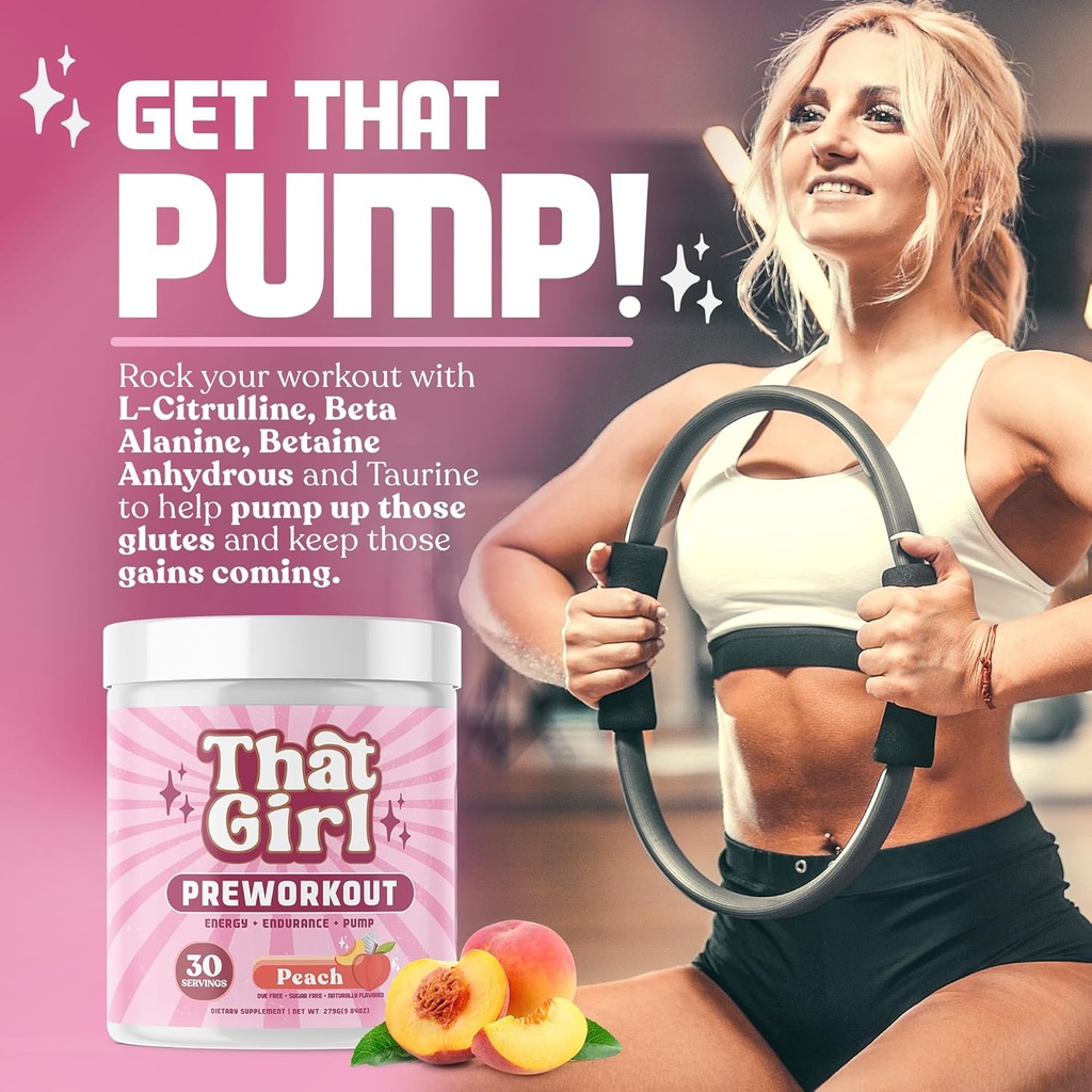 That Girl Pre Workout for Women - Slay Your Gym Sesh with Pure Fire Energy & Mega Pumps - 100% Natural & Clean - Delish Peach Flavor - 30 Servings 5
