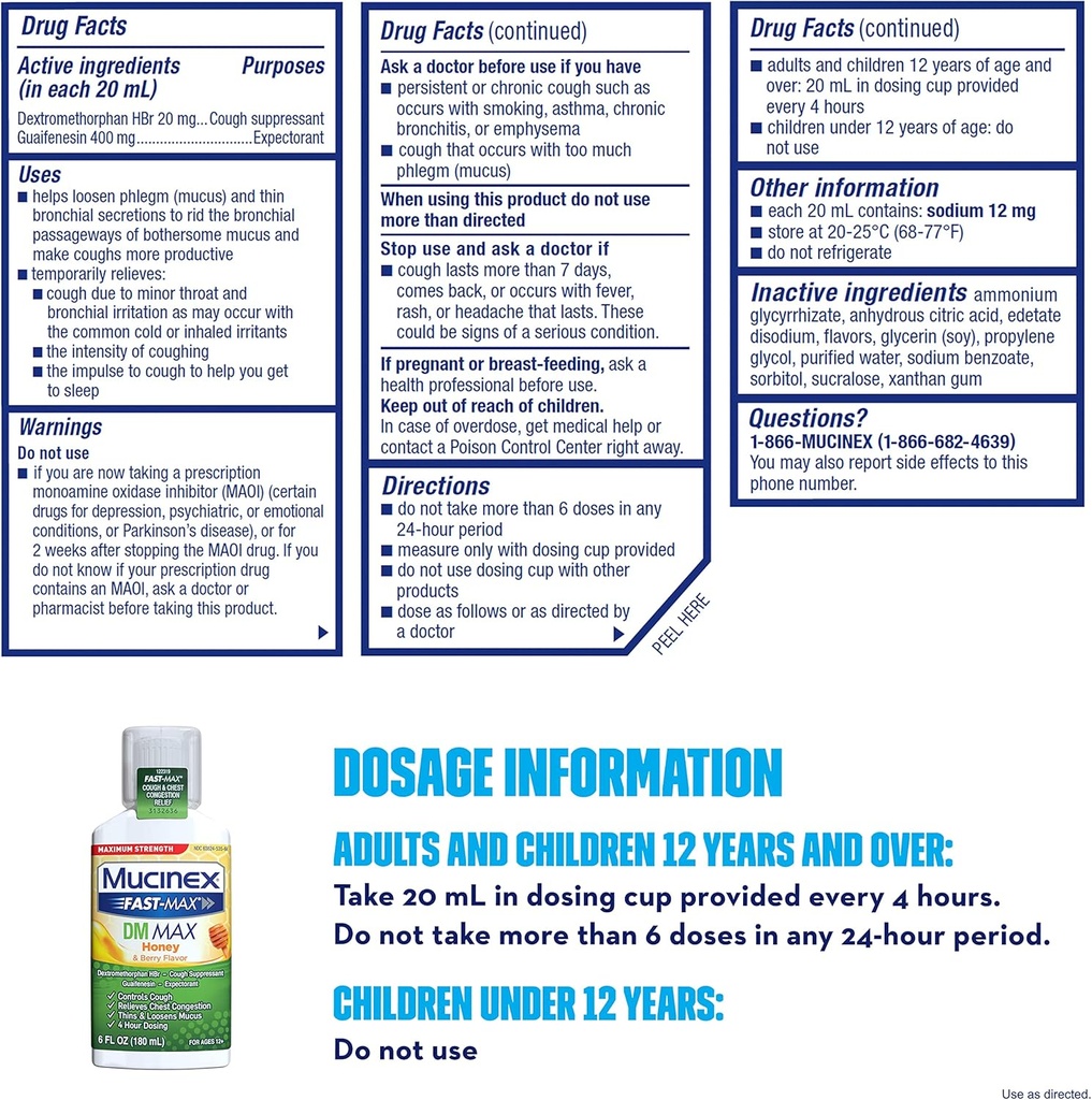 Mucinex Fast-Max Maximum Strength DM MAX, Symptom Relief, Cough Suppressant and Expectorant, Honey & Berry Flavor, 6 FL OZ 3