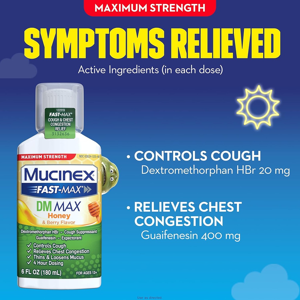 Mucinex Fast-Max Maximum Strength DM MAX, Symptom Relief, Cough Suppressant and Expectorant, Honey & Berry Flavor, 6 FL OZ 4