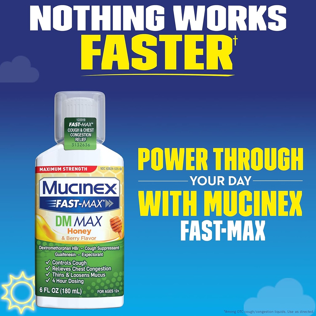 Mucinex Fast-Max Maximum Strength DM MAX, Symptom Relief, Cough Suppressant and Expectorant, Honey & Berry Flavor, 6 FL OZ 6