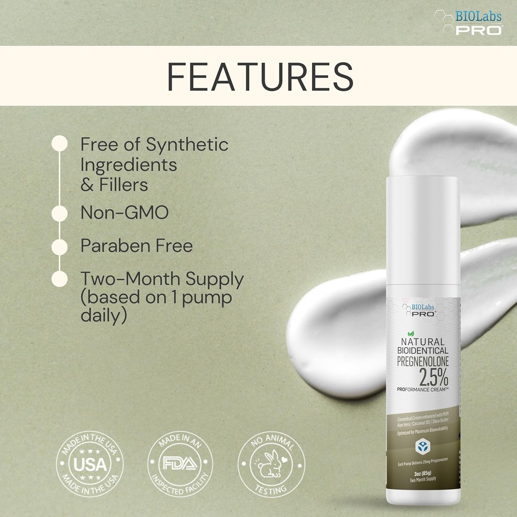 BIOLABS PRO Pregnenolone, All Natural Bioidentical Pregnenolone, 2.5% Maximum Strength, Two-Month Supply (Unscented - 3oz) 4