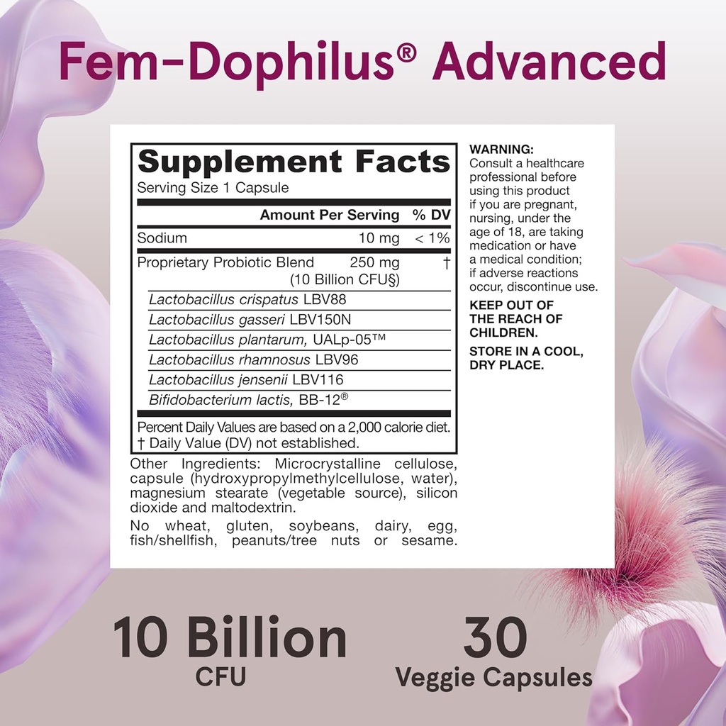 Jarrow Formulas Fem-Dophilus Advanced Probiotics 10 Billion CFU with 6 Science-Backed Strains, for Vaginal, Urinary Tract, Digestive, and Immune Support, 30 Veggie Capsules, Shelf-Stable, Pack of 12 6