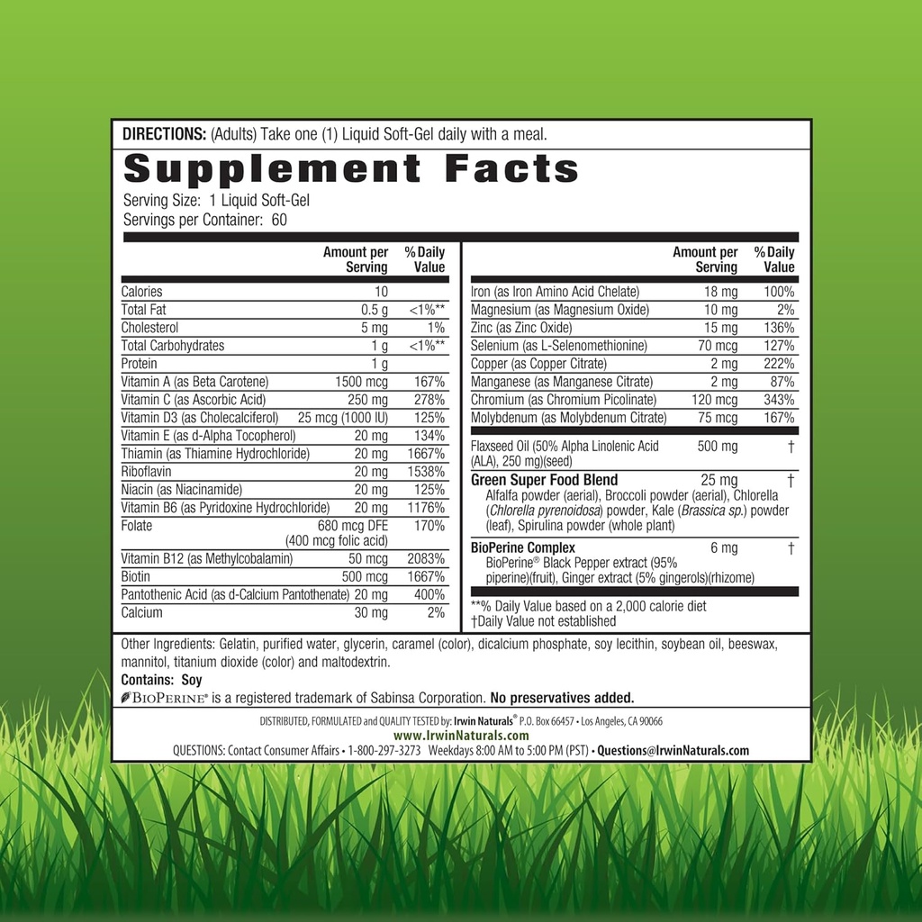 Irwin Naturals Only One Liquid-Gel Multi with Iron - 60 Liquid Softgels - Daily Essential Vitamins, Minerals, Antioxidants, Omega-3s & Green Super Foods 3