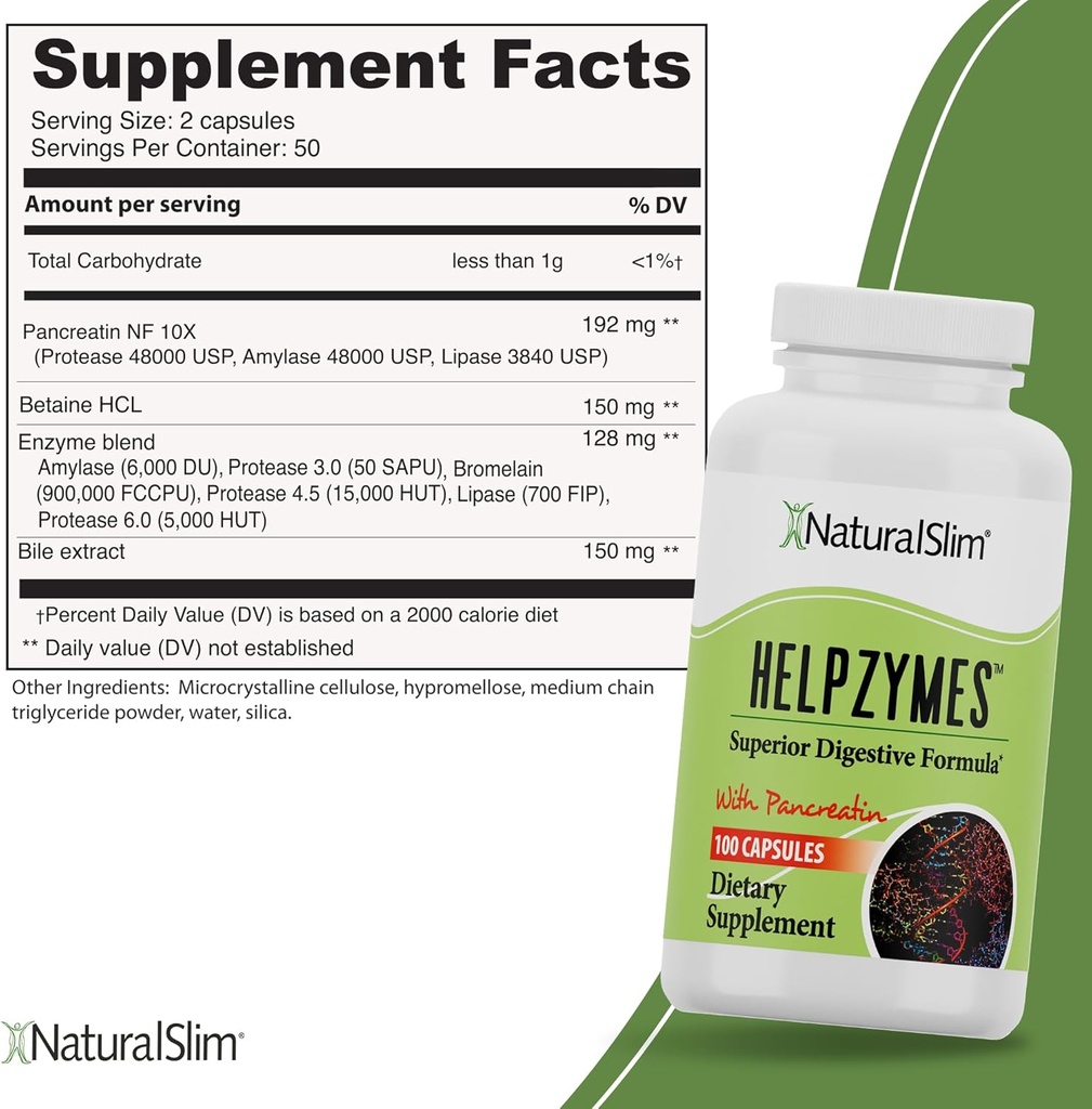 NaturalSlim Helpzymes, Enzyme Complex for Adults with Bromelain, Ox Bile, Pancreatin & Betaine HCL,100 Capsules, 2 Pack 3