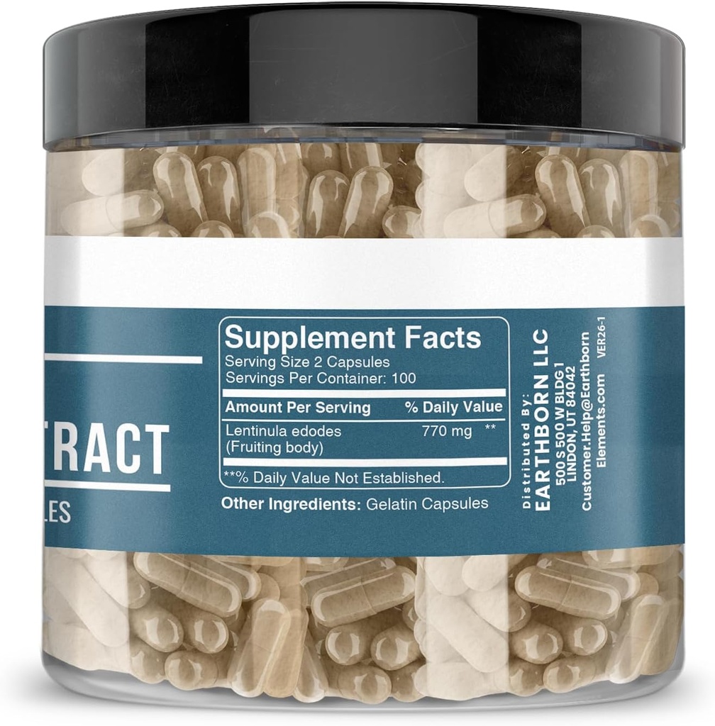 Earthborn Elements Shiitake Mushroom Extract 200 Capsules, Pure & Undiluted, No Additives 3