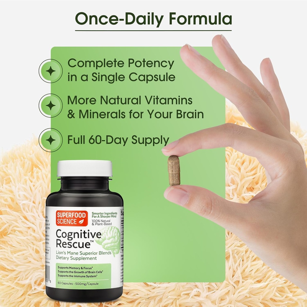 Cognitive Rescue, Lion's Mane Mushroom Capsules w/ Lion's Mane Dual Extract, Nootropics, Brain Supplement for Memory and Focus, Mushroom Immune Support w/ B Vitamins Complex, BioPerine, 60 capsules 6