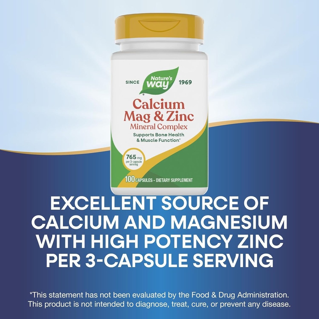 Nature's Way Calcium Magnesium & Zinc Mineral Complex, Supports Bone Health & Muscle Function*, Immune Support*, 765 mg per 3-capsule serving, Gluten free, 100 Capsules (Packaging May Vary) 6
