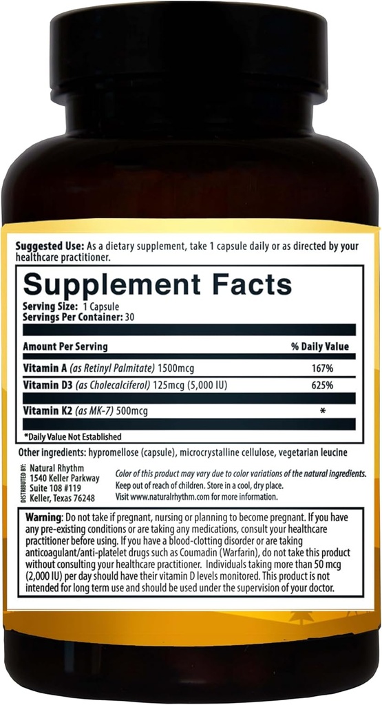 Natural Rhythm Vitamin D3 + K2 (MK7) Plus Vitamin A, for Bone, Heart, & Immune Health, 30 Capsules 6