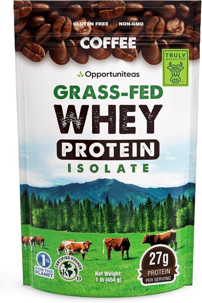 Opportuniteas Coffee Whey Protein Powder - Low Carb & Keto Friendly - Grass Fed Whey Isolate + Colombian Coffee - 60 mg Caffeine for Energy - Pre or Post Workout Drink Mix, Latte, Shake & Smoothie 1lb 2