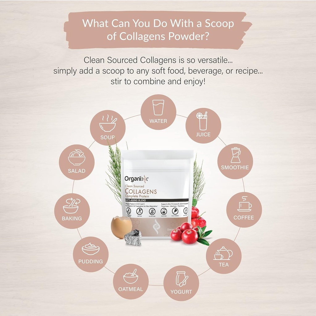 Organixx Collagen Peptides Powder with Vitamin C, Types I, II, III, V, X Hydrolyzed Collagen, Hair, Nail, Skin, Bone & Joint Health, Aging Support, Clean Sourced, Gluten Free, Unflavored, 15 Servings 5