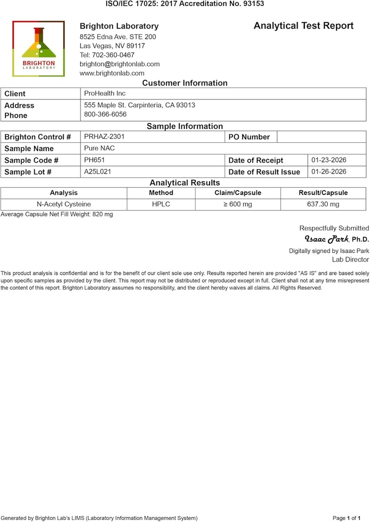 ProHealth Pure NAC – N-Acetyl Cysteine – Liver and Immune Support, Antioxidant and Glutathione Boost, Cellular Health | 600 mg per Capsule | 120 Servings | Third-Party Tested 4