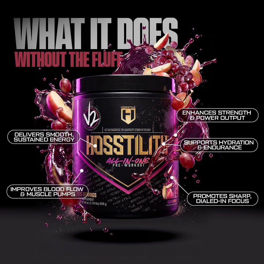 HOSSTILE Hosstility V2 Pre Workout, All-in-One Pre Workout Powder for Men and Women, Enhance Muscle Pump, Increase Energy, Boost Strength, Sharpen Focus, Grape Apple, 40 Servings 3